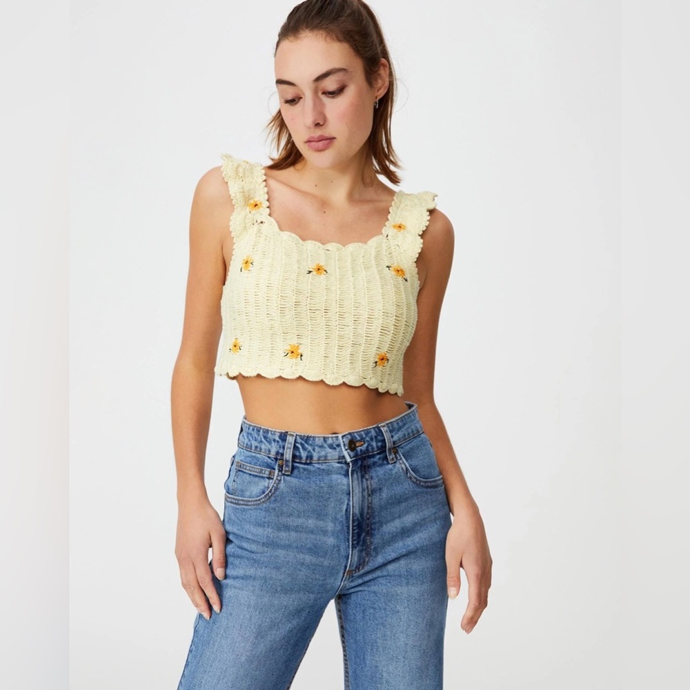 Cotton On Women’s Sunflower Crochet Crop Tank Top Stone Tan Natural Medi…